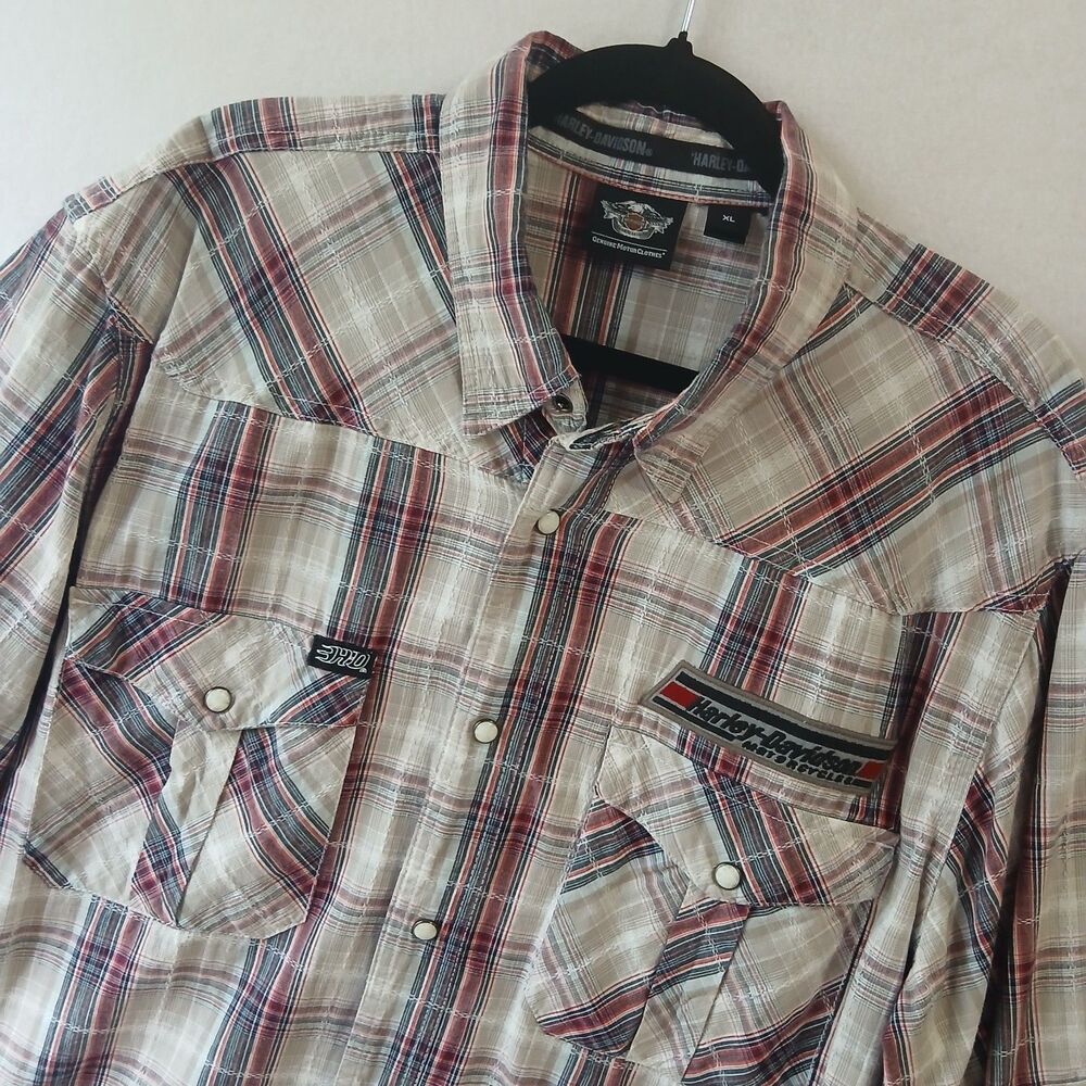 Harley Davidson Mens XL Pearl Snap Button Down Shirt American Plaid Blue #897